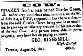 Cow taken British Colonist September 3 1844