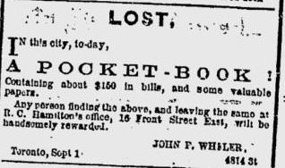 Lost pocketbook The Globe September 4 1865