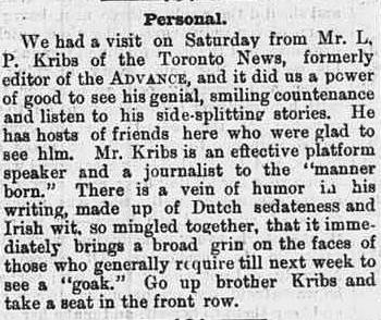 Visit from Kribs Northern Advance Sept 9 1886