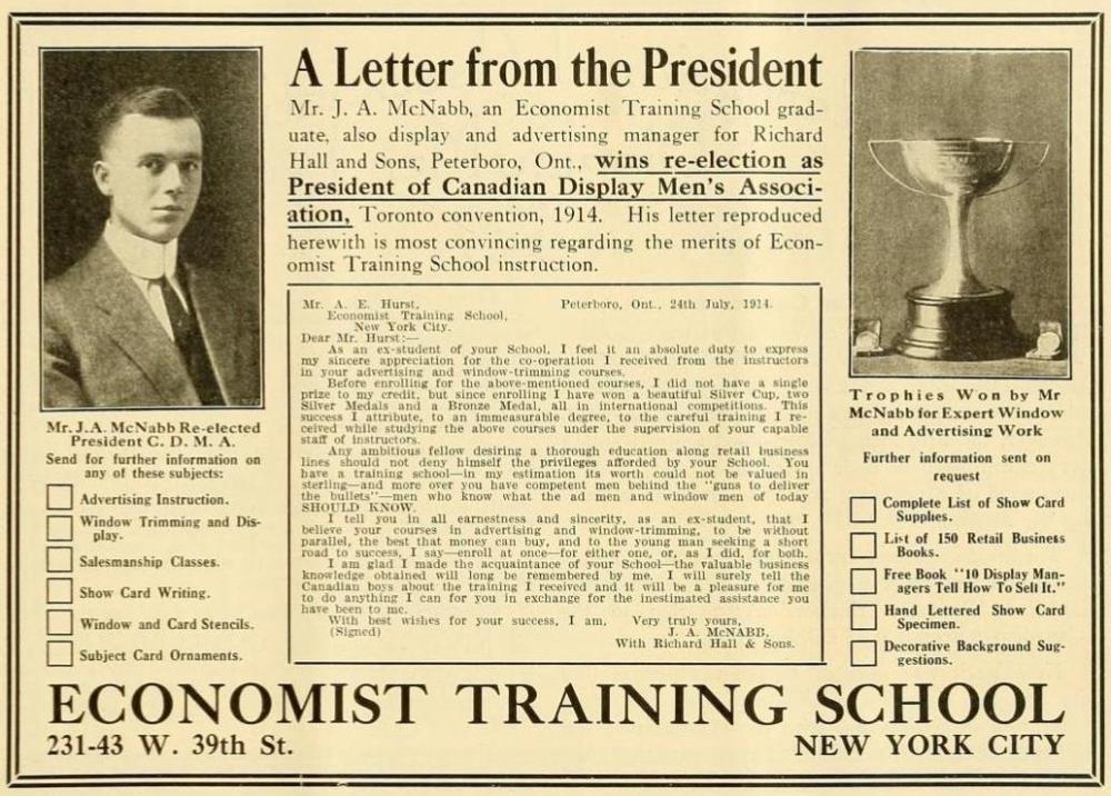 JA McNabb Economist Training School Merchants Record and Show Window Sept 1914